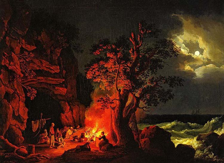 Jacob Philipp Hackert Fischerfamilie am nachtlichen Lagerfeuer mit aufgewuhlten Meer